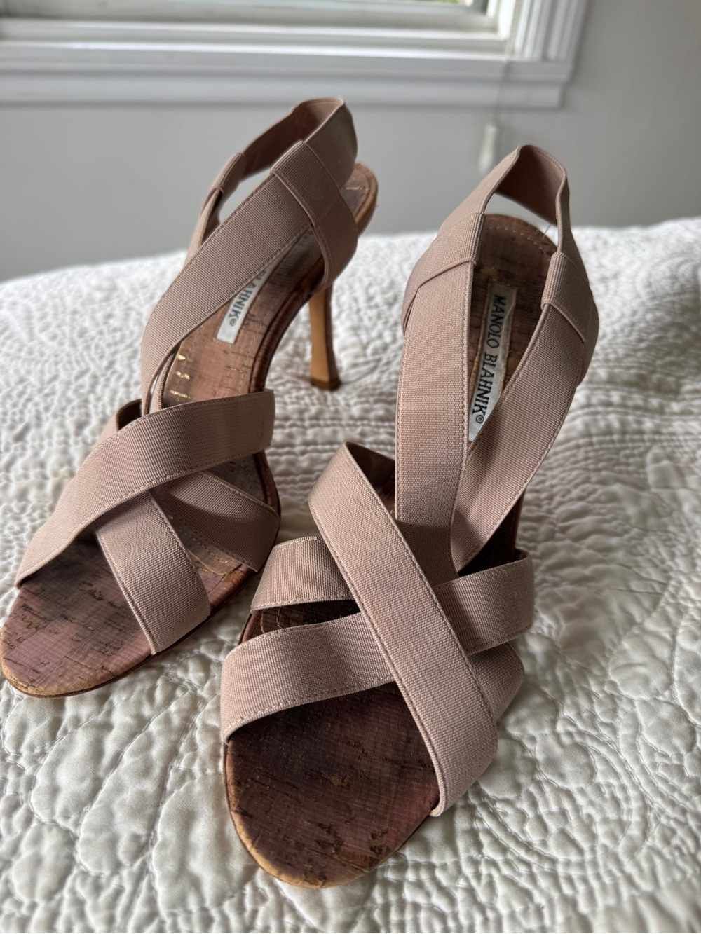 Manolo Blahnik Blush Beige Cross-Strap Stiletto Sandals